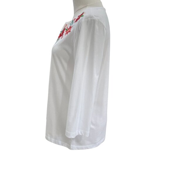 Coral Bay Holiday Poinsettia Embroidered White Top PM Petite Medium Christmas - Picture 7 of 8